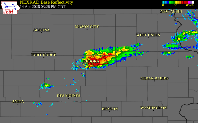 NEXRAD radar during the Tuesday, April 14, 2026 storm activity in Grundy County, Iowa