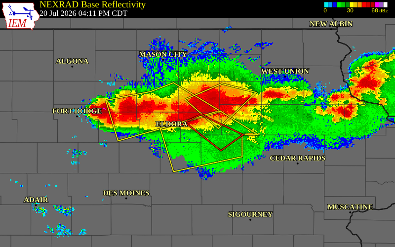 NEXRAD radar during the Monday, July 20, 2026 storm activity in Grundy County, Iowa
