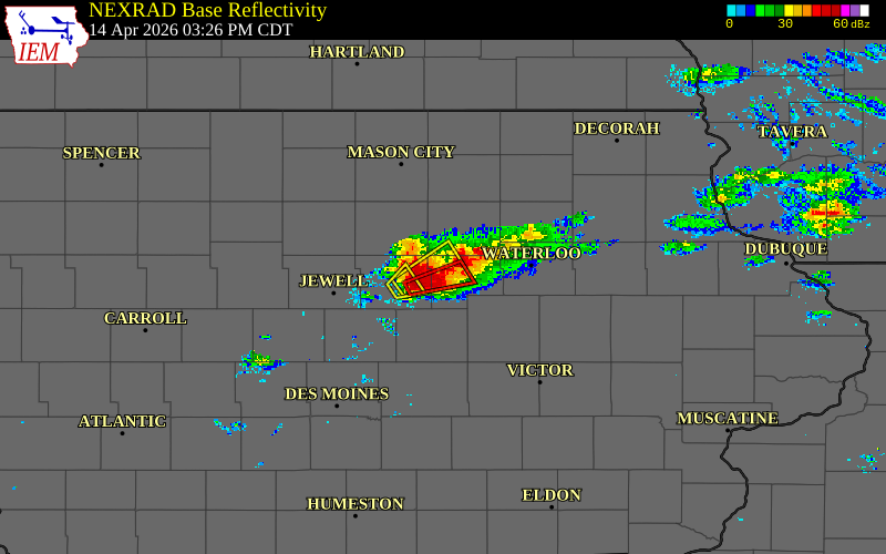 Radar snapshot during the Apr 14, 2026 hail event near 1 S Wellsburg, Grundy County, Iowa, with NWS warning polygons