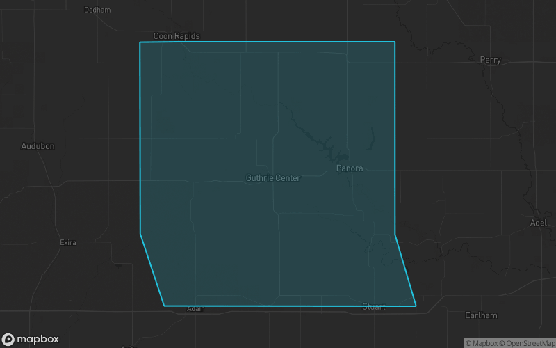 Map of Guthrie County, Iowa showing the county boundary and surrounding cities