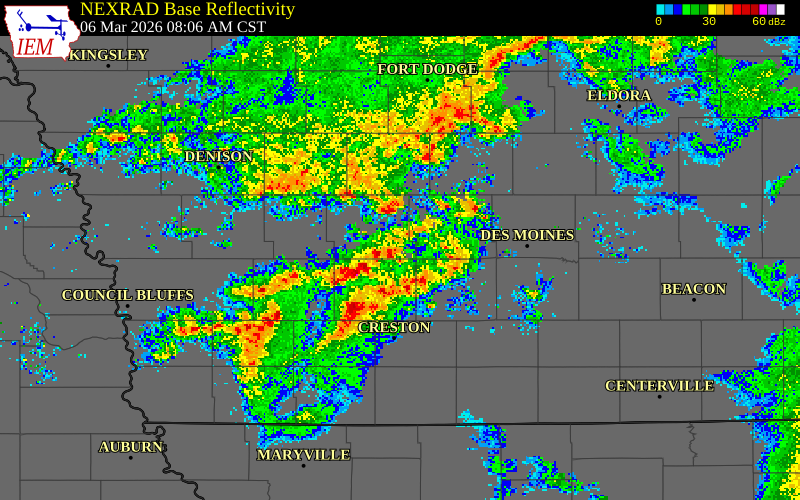 NEXRAD radar during the Friday, March 6, 2026 storm activity in Guthrie County, Iowa