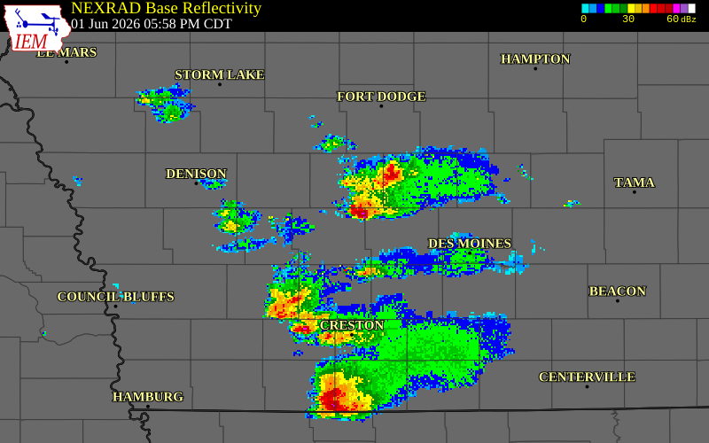 NEXRAD radar during the Monday, June 1, 2026 storm activity in Guthrie County, Iowa