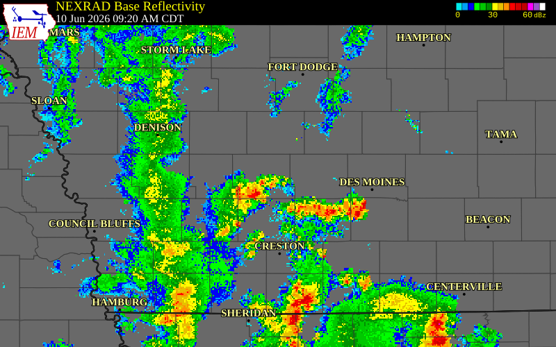 NEXRAD radar during the Wednesday, June 10, 2026 storm activity in Guthrie County, Iowa