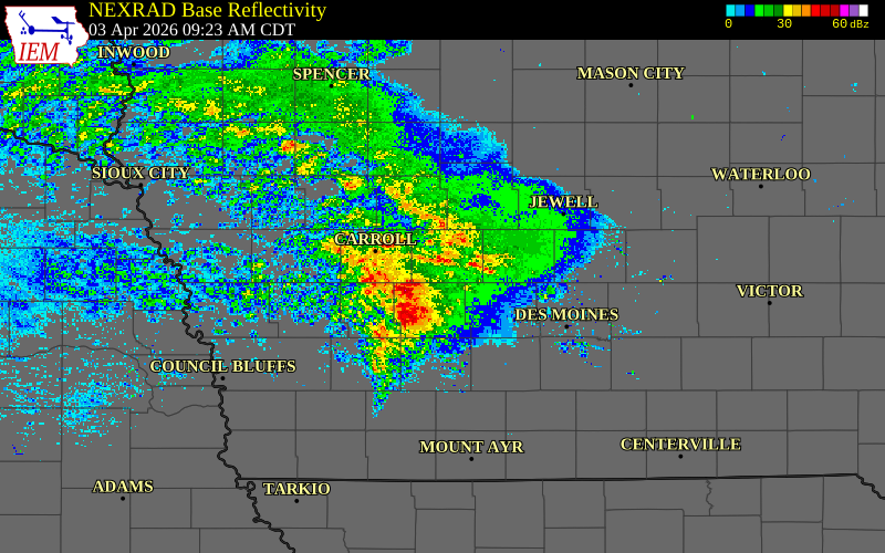 Radar snapshot during the Apr 3, 2026 hail event near Guthrie County, Guthrie County, Iowa, with NWS warning polygons