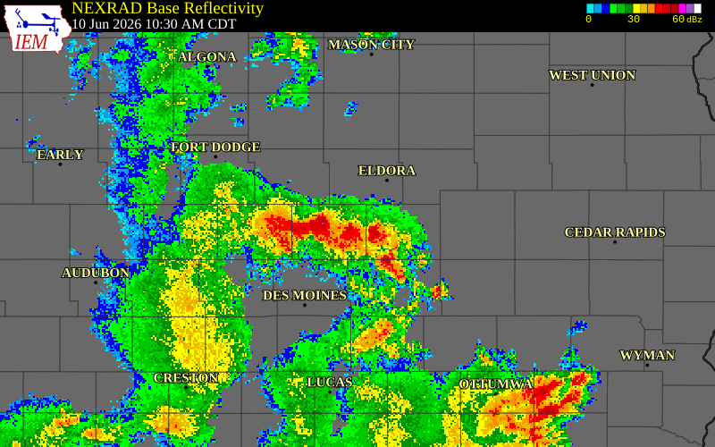NEXRAD radar during the Wednesday, June 10, 2026 storm activity in Hamilton County, Iowa