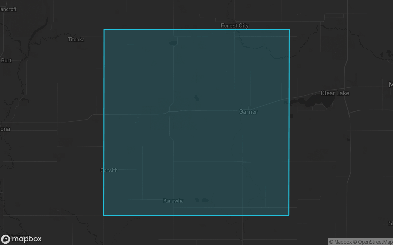 Map of Hancock County, Iowa showing the county boundary and surrounding cities