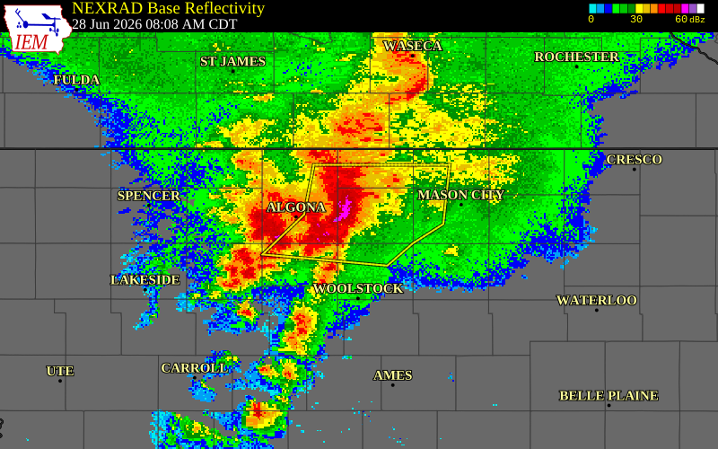 NEXRAD radar during the Sunday, June 28, 2026 storm activity in Hancock County, Iowa