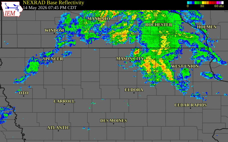 Radar snapshot during the May 14, 2026 hail event near Goodell, Hancock County, Iowa, with NWS warning polygons