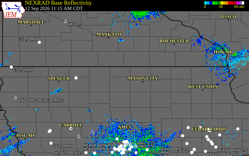 Current NEXRAD radar over Hancock County, Iowa with recent storm report locations