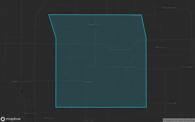 Map of Hardin County, Iowa showing the county boundary and surrounding cities
