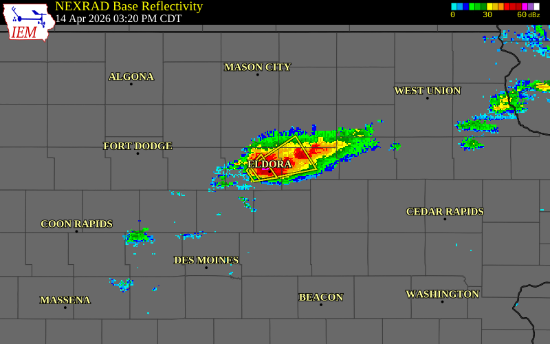 NEXRAD radar during the Tuesday, April 14, 2026 storm activity in Hardin County, Iowa