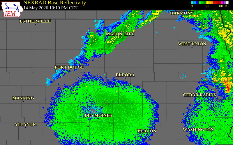 NEXRAD radar during the Thursday, May 14, 2026 storm activity in Hardin County, Iowa