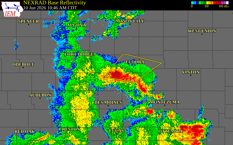 NEXRAD radar during the Wednesday, June 10, 2026 storm activity in Hardin County, Iowa