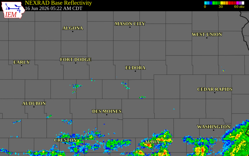 NEXRAD radar during the Tuesday, June 16, 2026 storm activity in Hardin County, Iowa