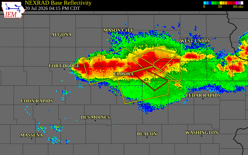 NEXRAD radar during the Monday, July 20, 2026 storm activity in Hardin County, Iowa