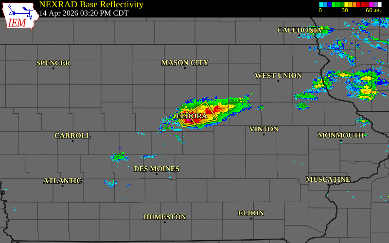 Radar snapshot during the Apr 14, 2026 tornado event near 2 E Eldora, Hardin County, Iowa, with NWS warning polygons