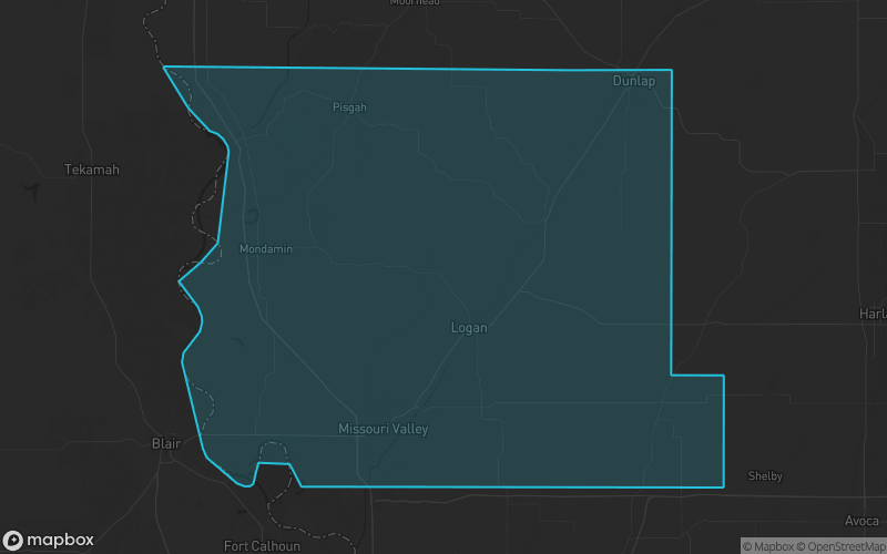 Map of Harrison County, Iowa showing the county boundary and surrounding cities
