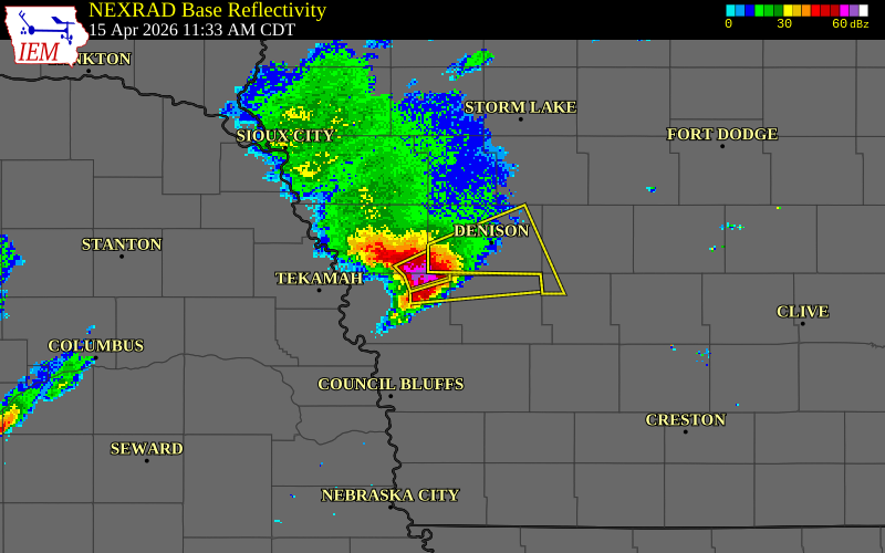 NEXRAD radar during the Wednesday, April 15, 2026 storm activity in Harrison County, Iowa
