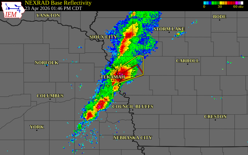NEXRAD radar during the Thursday, April 23, 2026 storm activity in Harrison County, Iowa