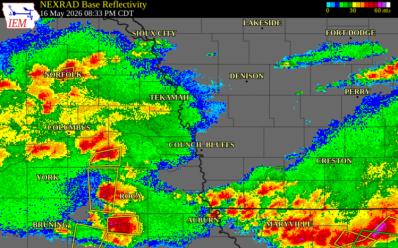 NEXRAD radar during the Saturday, May 16, 2026 storm activity in Harrison County, Iowa