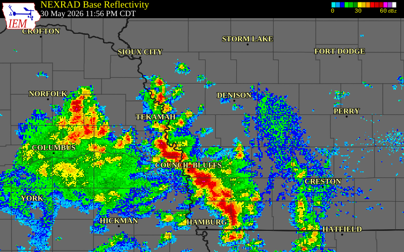 NEXRAD radar during the Saturday, May 30, 2026 storm activity in Harrison County, Iowa