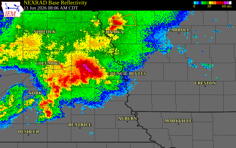 NEXRAD radar during the Saturday, June 13, 2026 storm activity in Harrison County, Iowa
