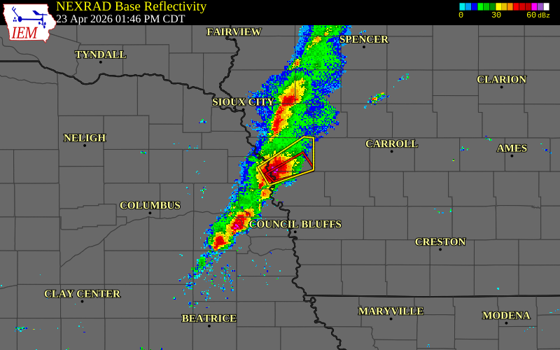Radar snapshot during the Apr 23, 2026 tornado event near 2 N Little Sioux, Harrison County, Iowa, with NWS warning polygons