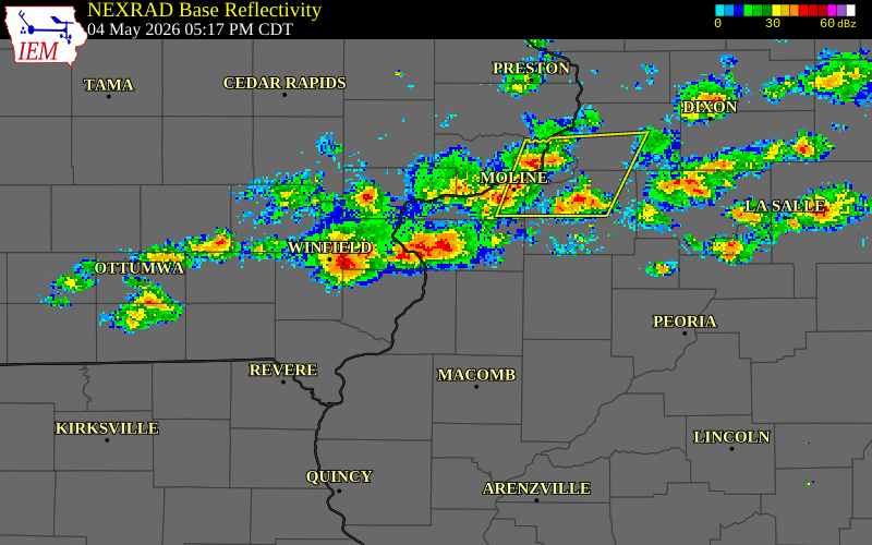 NEXRAD radar during the Monday, May 4, 2026 storm activity in Henry County, Iowa