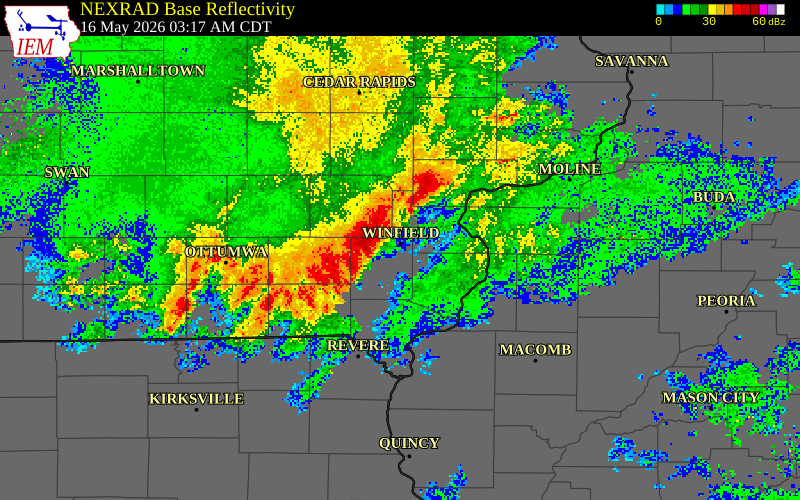 NEXRAD radar during the Saturday, May 16, 2026 storm activity in Henry County, Iowa