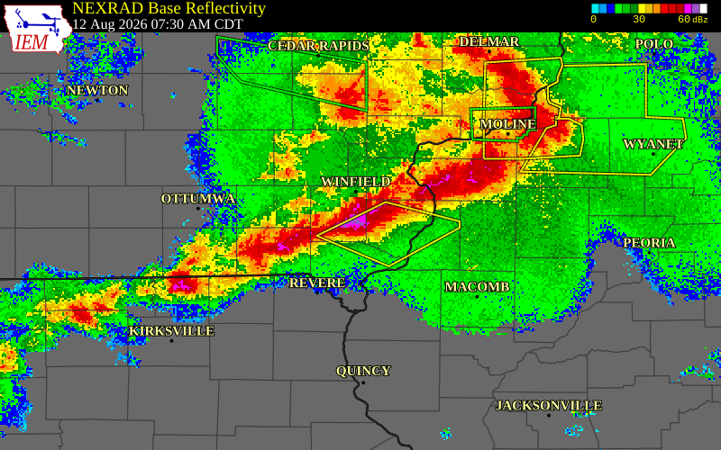 NEXRAD radar during the Wednesday, August 12, 2026 storm activity in Henry County, Iowa
