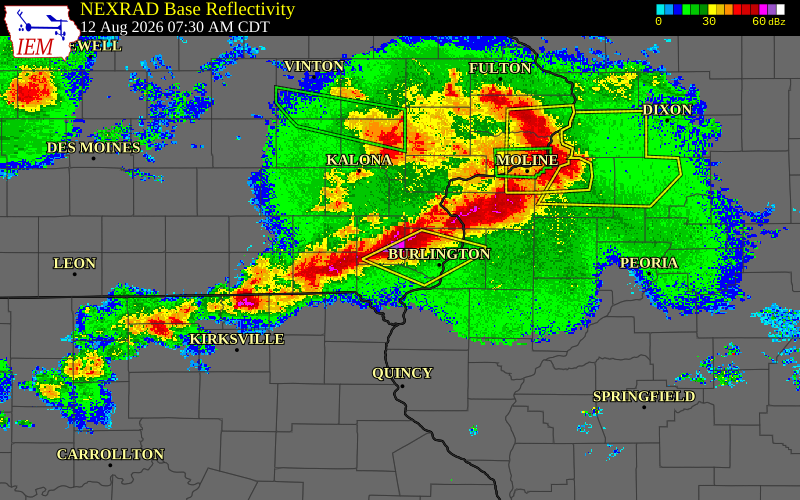 Radar snapshot during the Aug 12, 2026 hail event near 1 SSW New London, Henry County, Iowa, with NWS warning polygons
