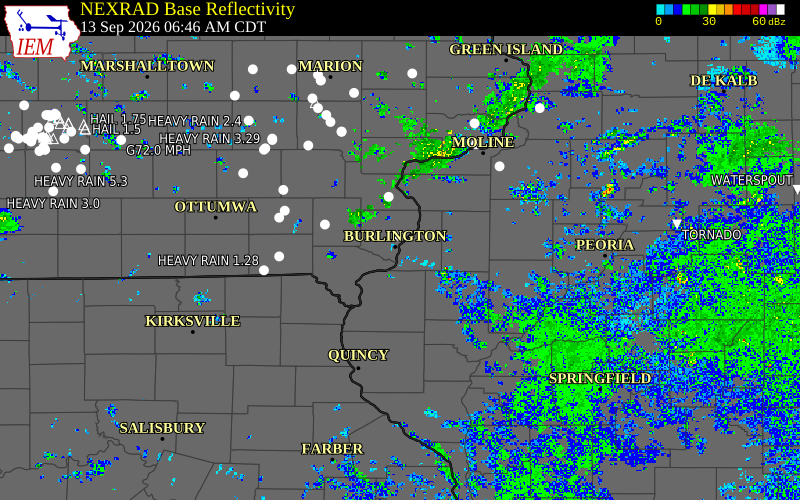 Current NEXRAD radar over Henry County, Iowa with recent storm report locations