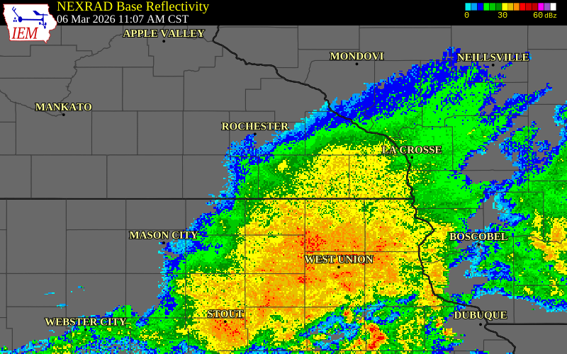 NEXRAD radar during the Friday, March 6, 2026 storm activity in Howard County, Iowa