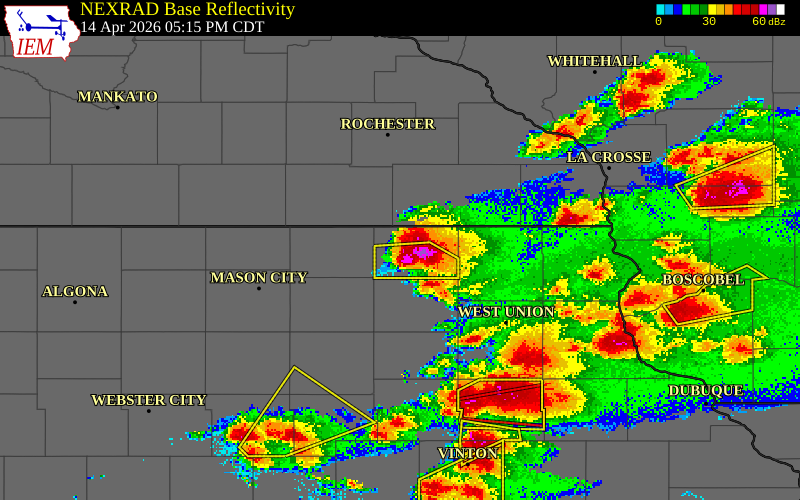 NEXRAD radar during the Tuesday, April 14, 2026 storm activity in Howard County, Iowa