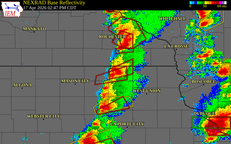 NEXRAD radar during the Friday, April 17, 2026 storm activity in Howard County, Iowa