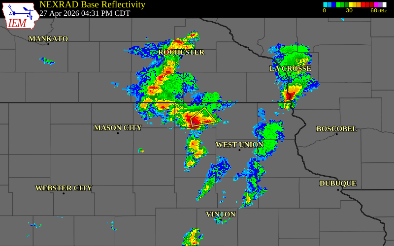NEXRAD radar during the Monday, April 27, 2026 storm activity in Howard County, Iowa