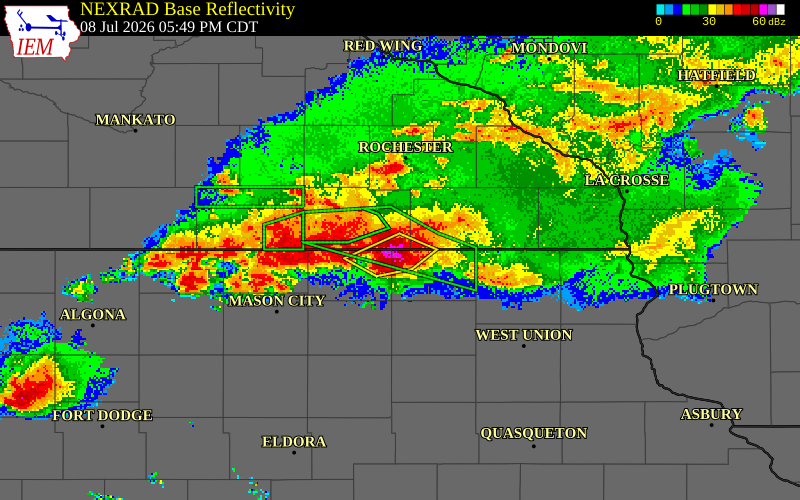 NEXRAD radar during the Wednesday, July 8, 2026 storm activity in Howard County, Iowa