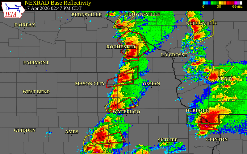 Radar snapshot during the Apr 17, 2026 tornado event near 1 NNW Saratoga, Howard County, Iowa, with NWS warning polygons