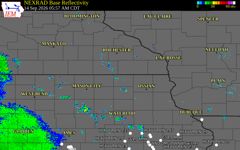 Current NEXRAD radar over Howard County, Iowa with recent storm report locations