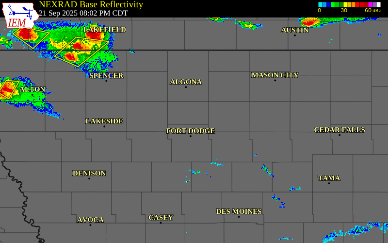 NEXRAD radar during the Sunday, September 21, 2025 storm activity in Humboldt County, Iowa
