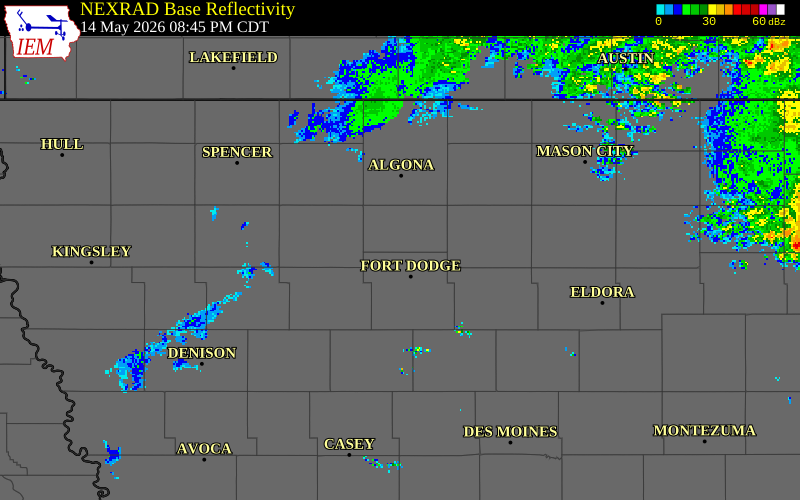 NEXRAD radar during the Thursday, May 14, 2026 storm activity in Humboldt County, Iowa