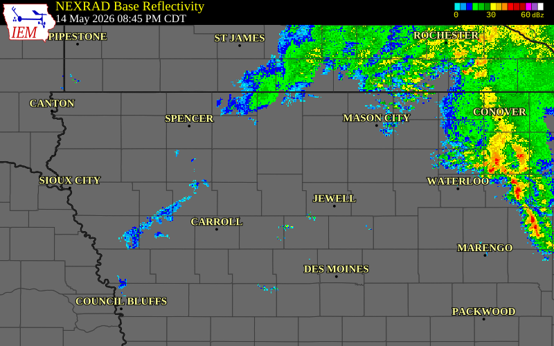 Radar snapshot during the May 14, 2026 hail event near 4 S Humboldt, Humboldt County, Iowa, with NWS warning polygons