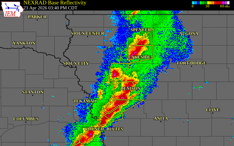 NEXRAD radar during the Thursday, April 23, 2026 storm activity in Ida County, Iowa