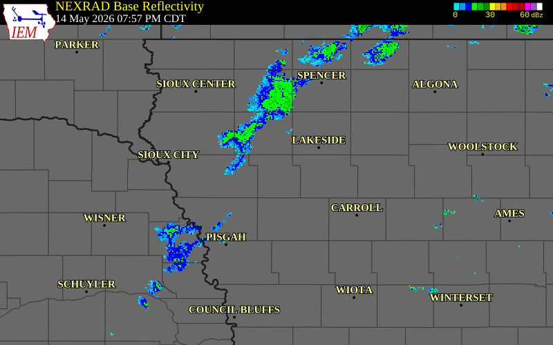 NEXRAD radar during the Thursday, May 14, 2026 storm activity in Ida County, Iowa