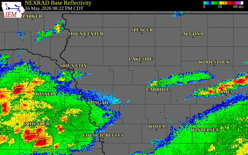 NEXRAD radar during the Saturday, May 16, 2026 storm activity in Ida County, Iowa