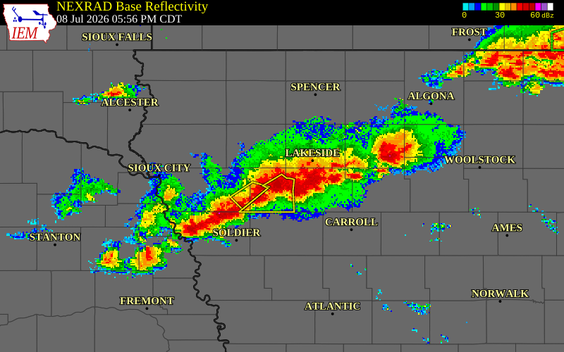 NEXRAD radar during the Wednesday, July 8, 2026 storm activity in Ida County, Iowa