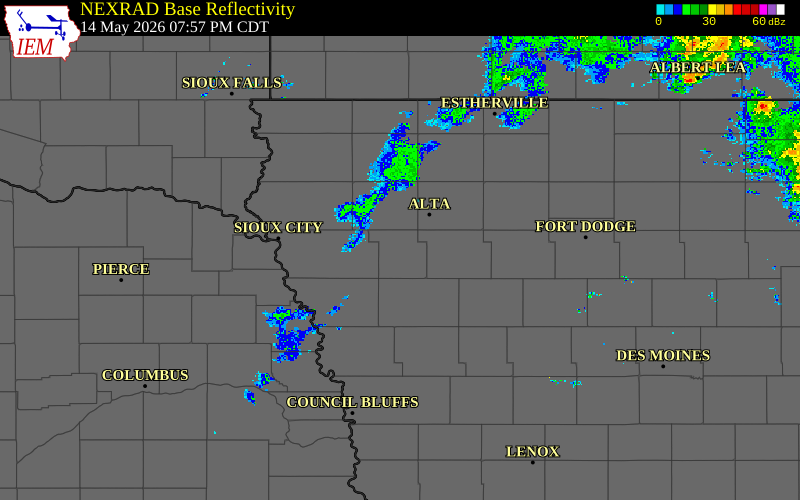 Radar snapshot during the May 14, 2026 hail event near 5 SSE Holstein, Ida County, Iowa, with NWS warning polygons