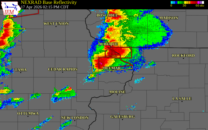 NEXRAD radar during the Friday, April 17, 2026 storm activity in Jackson County, Iowa
