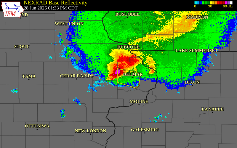 NEXRAD radar during the Sunday, June 28, 2026 storm activity in Jackson County, Iowa