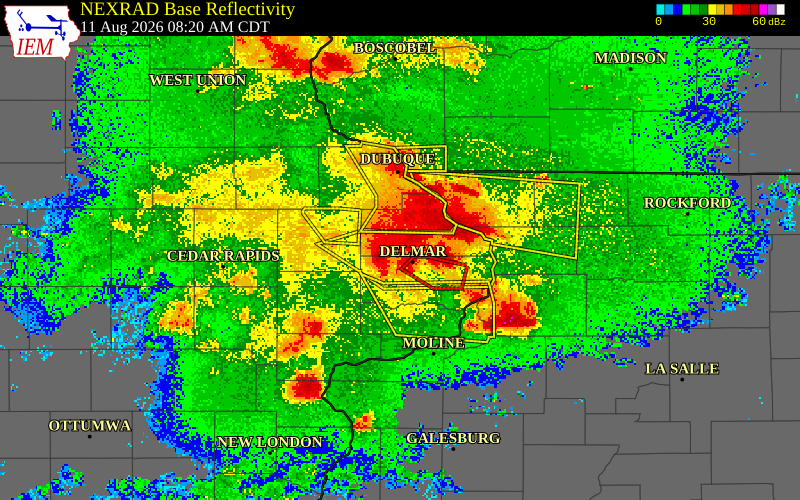 NEXRAD radar during the Tuesday, August 11, 2026 storm activity in Jackson County, Iowa